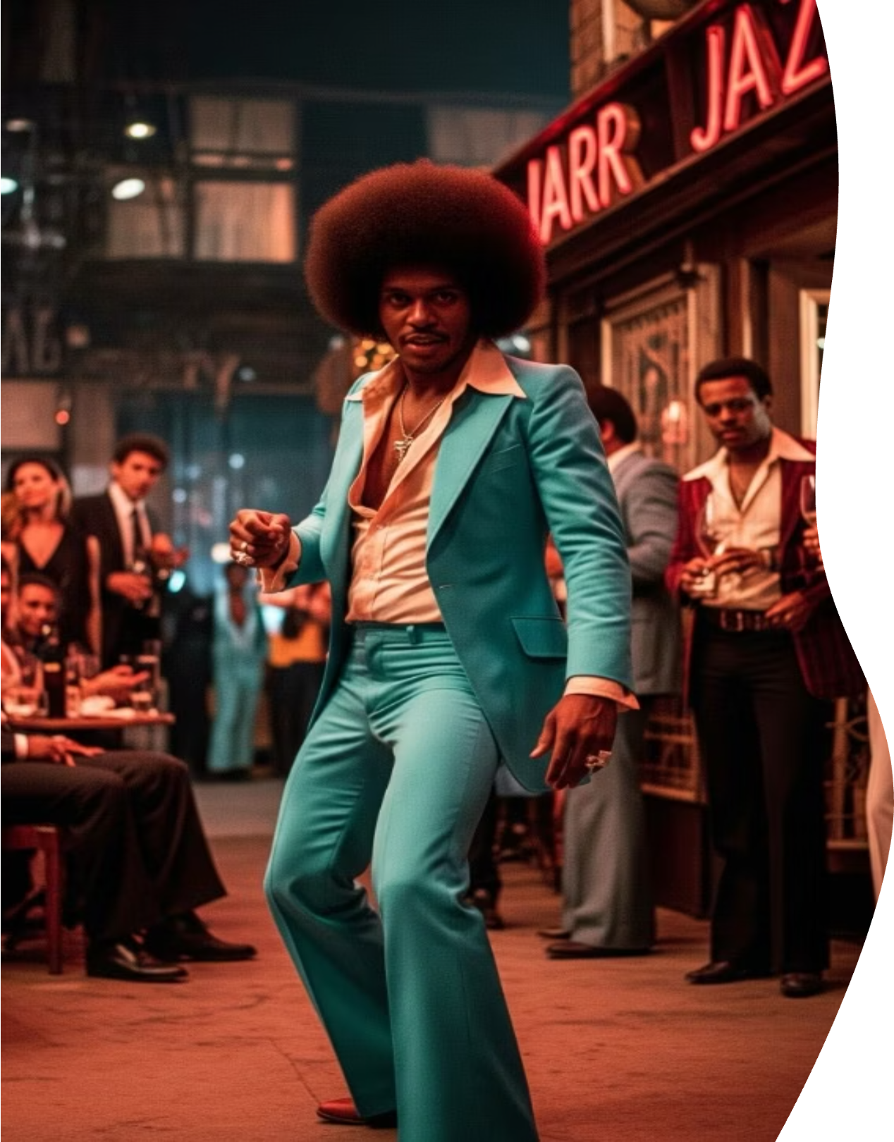 A performer dancing outside a jazz bar — a nod to Africa's creative culture